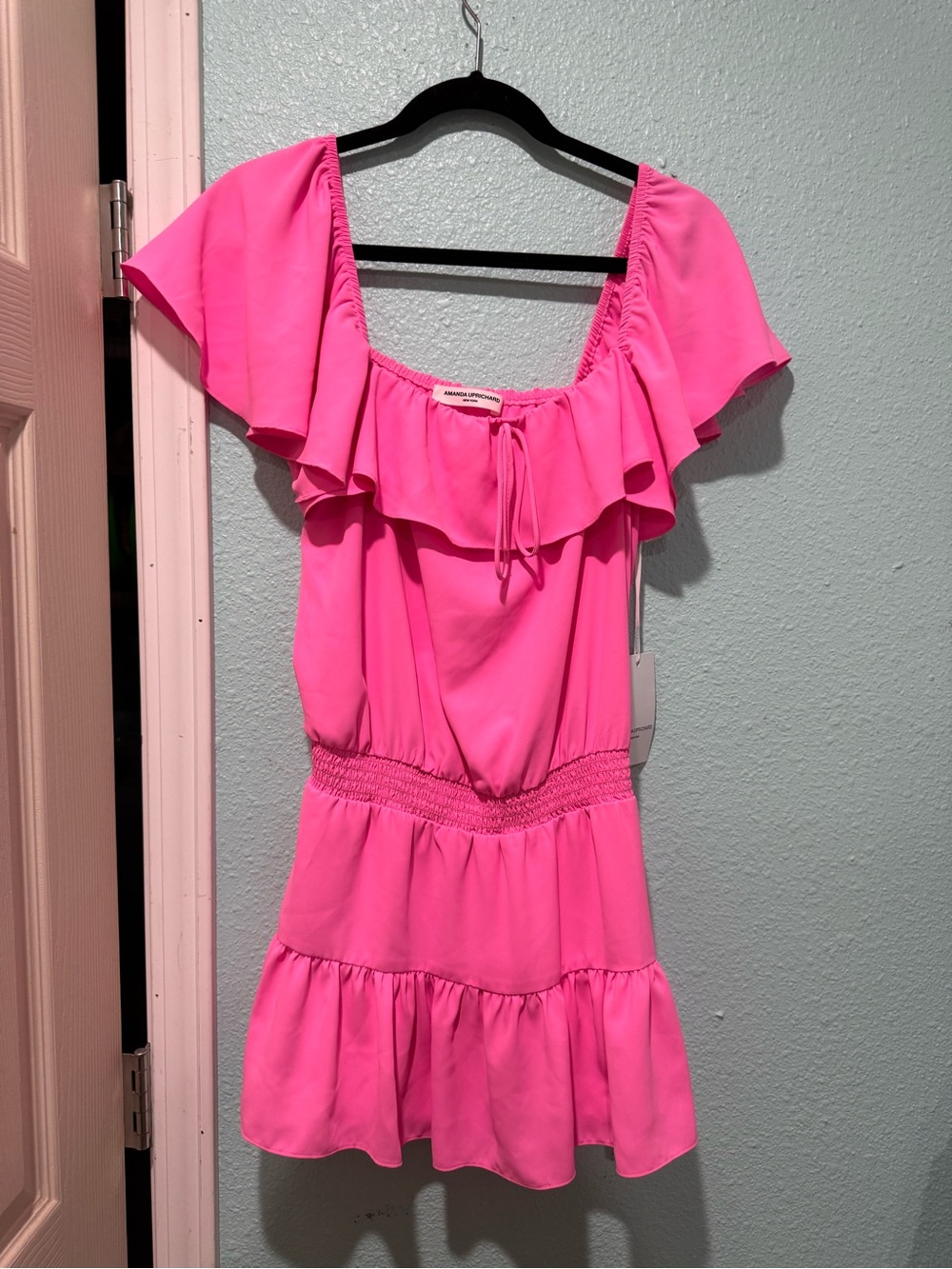 Amanda Uprichard Ali Romper Hot Pink Off-Shoulder Dress